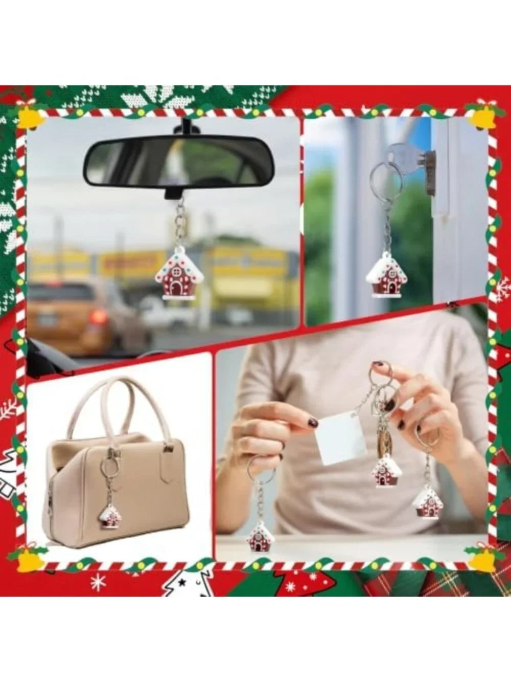 50 Pcs Christmas Gingerbread House Keychains & Candy Cane Keyrings - Bulk Set